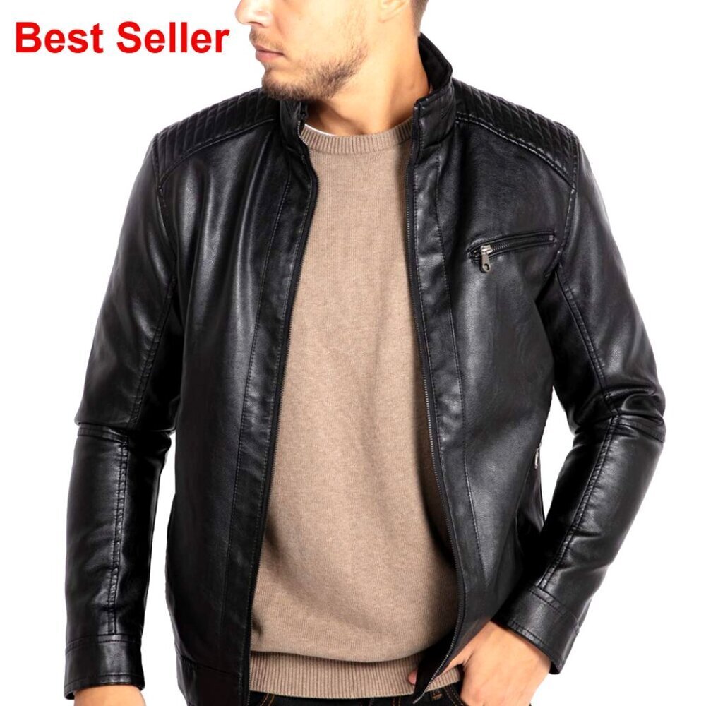 Stand Collar Faux Leather Motorcycle Jacket Lightweight Outwear